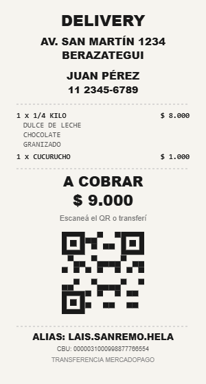 Ticket de delivery con QR y CBU