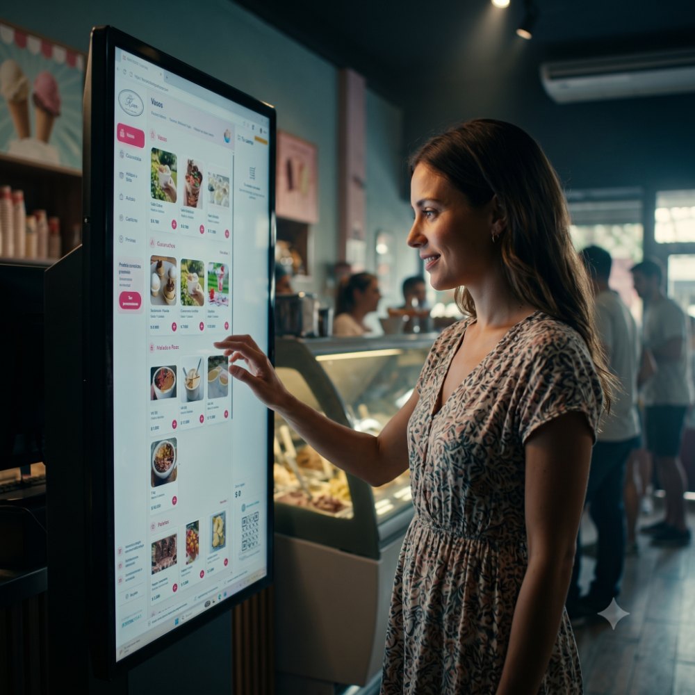 Clienta usando el tótem de autoservicio de ZETEKPOINT IA en una heladería